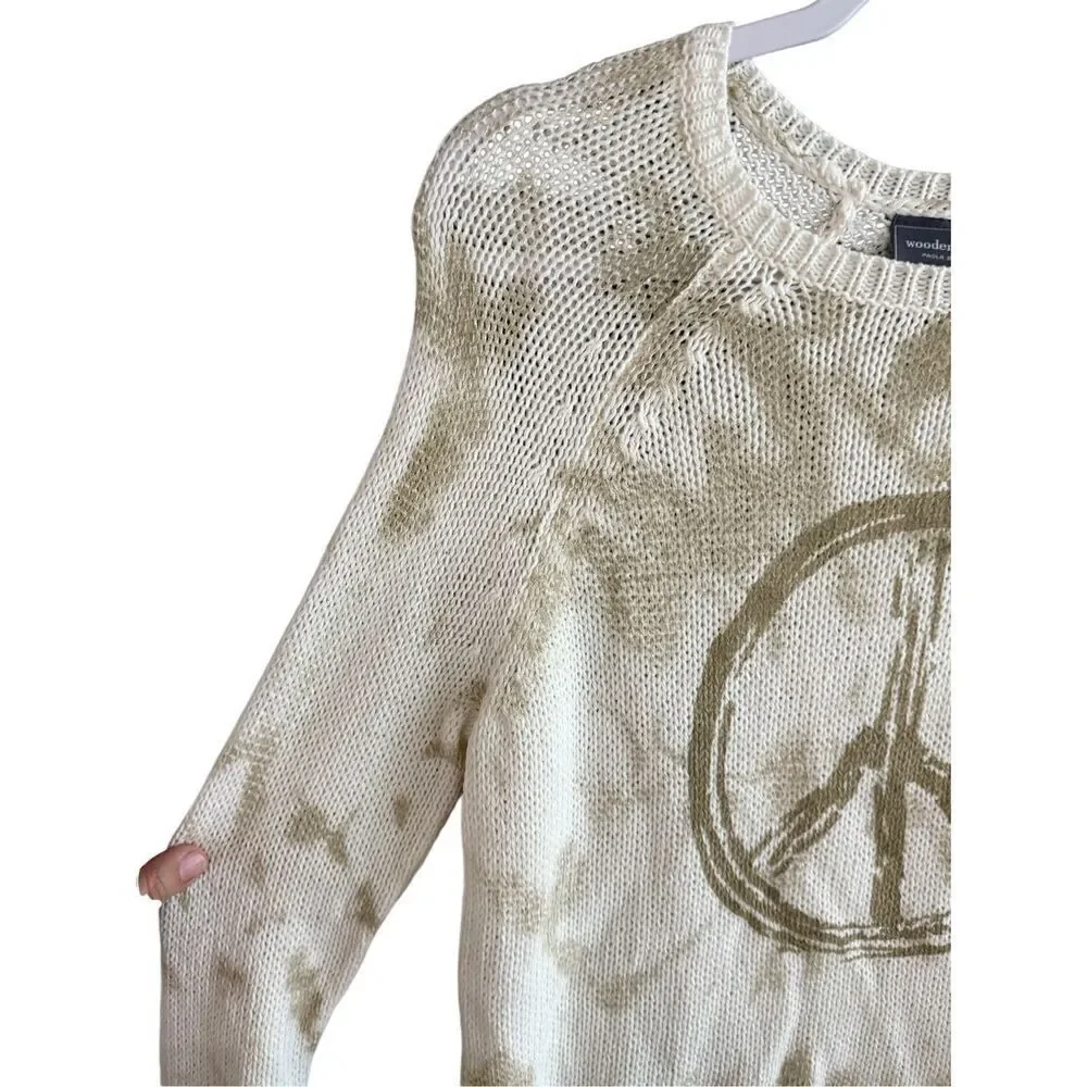 Wooded Ships Womens Beige Tie-Dye Peace Sign Raglan Pullover Sweater Size Medium